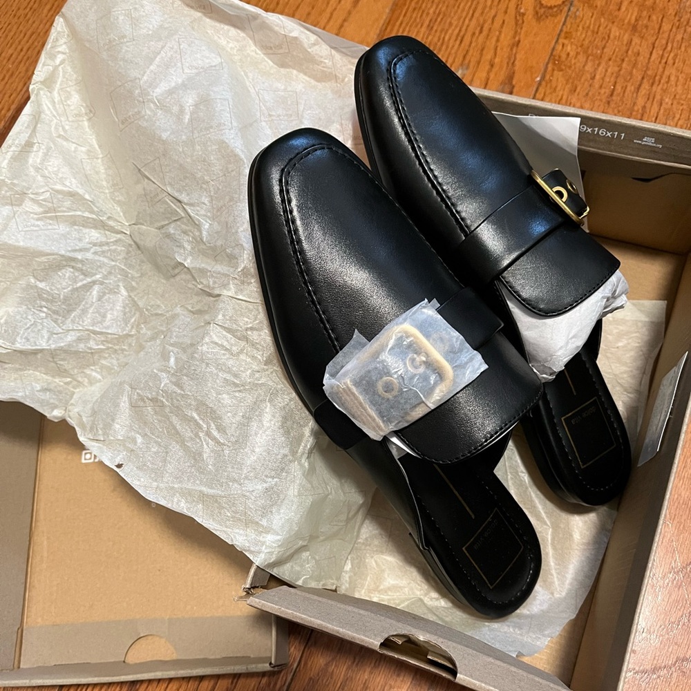 Dolce Vita Black Leather Loafers with Silver Buckle